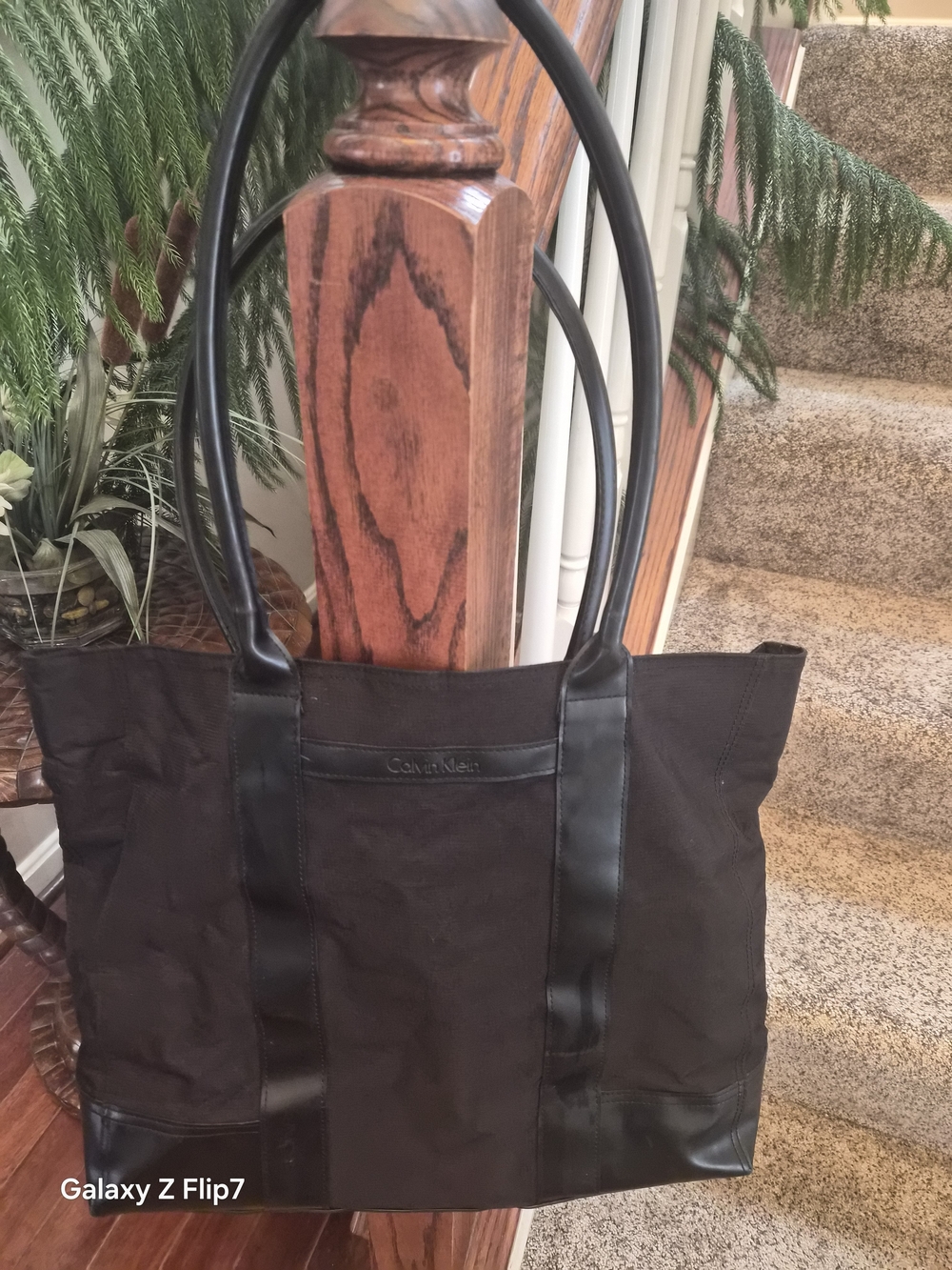 Calvin Klein Black Canvas Tote with Leather Trim